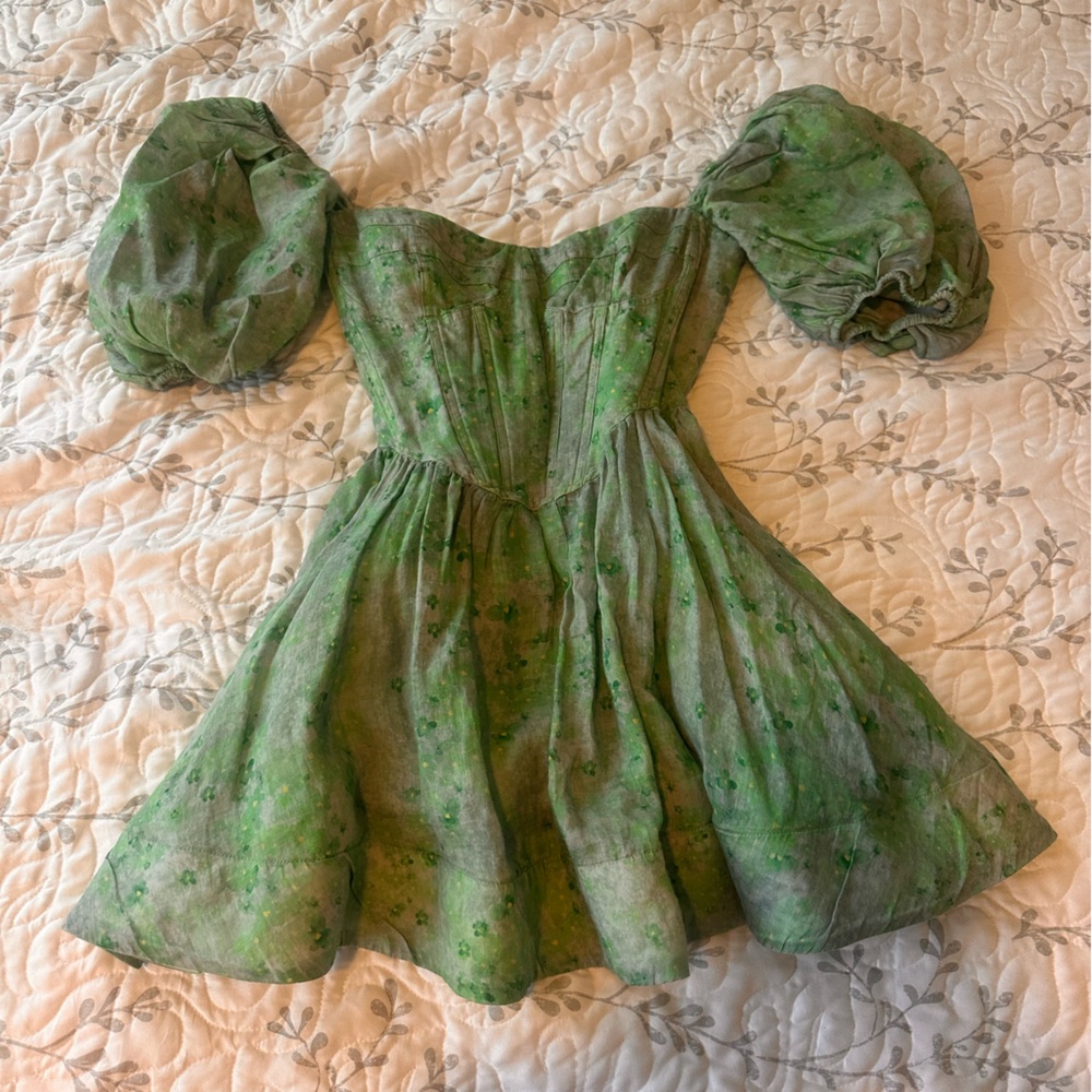 Bardot Green Mini Dress with Puff Sleeves